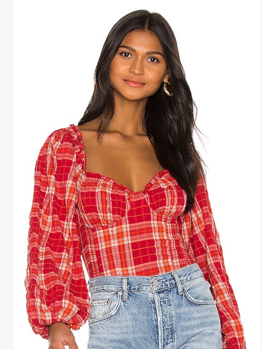Free People Red Plaid Puff-Sleeve Corset Top